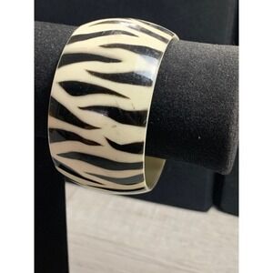 Zebra Print Chunky Bangle Bracelet Cream Black Animal Print Resin Wide Cuff
